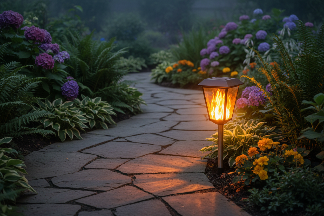 Solar-powered garden lamp with flickering flame effect glowing along a stone pathway at dusk